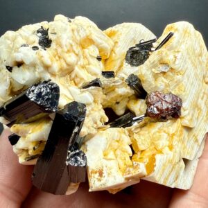 304 Gram Black Tourmaline Crystals With Fluorescent Apatite Crystals, Red Garnet, Albite, Mica On Feldspar From Skardu Pakistan